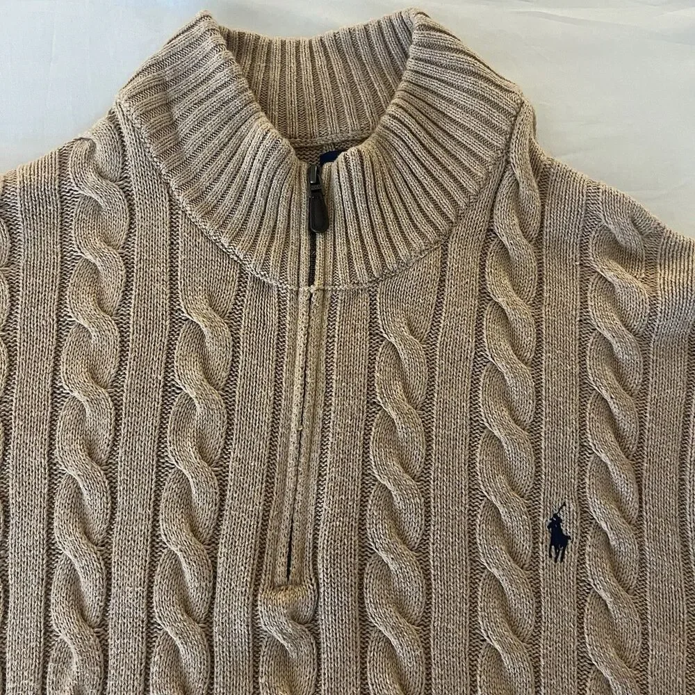 Polo Ralph Lauren Men’s Cable Knit Cotton Quarter Zip Sweater Camel Melange XLT